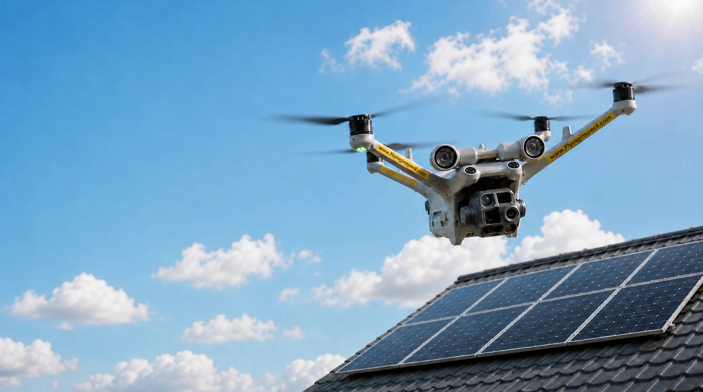 DJI Matrice 4TD Drohne schwebt über einem Hausdach mit Photovoltaik-Anlage