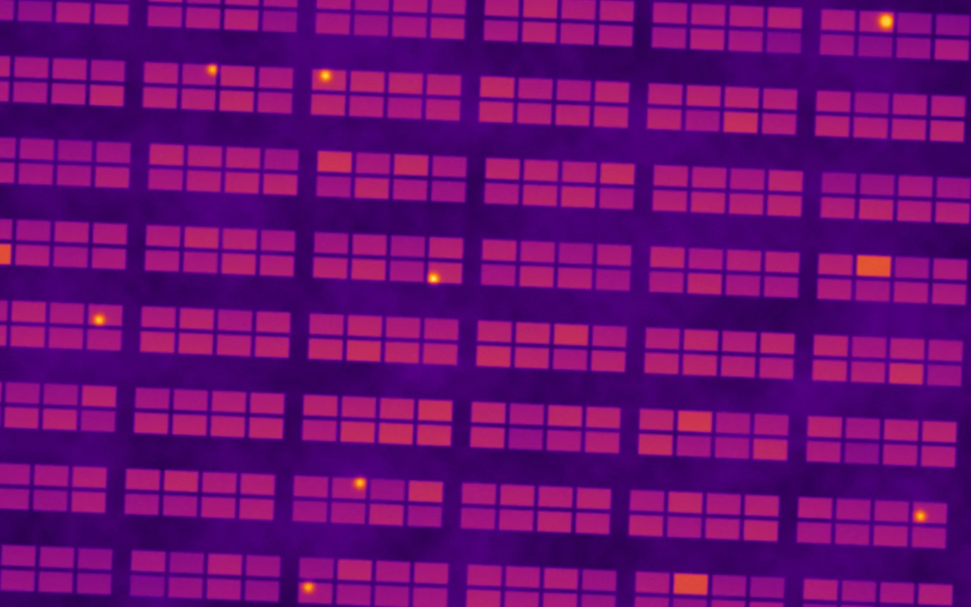 Thermografieaufnahme einer Photovoltaikanlage – Defekte als Hotspots im Wärmebild